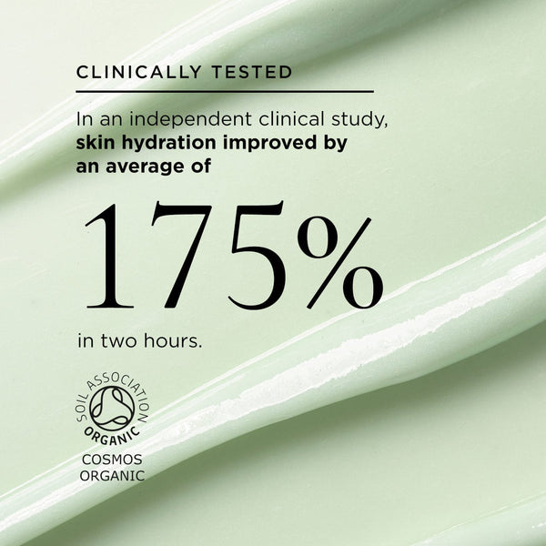 Comfort food mask texture with stat: In an independent clinical study, skin hydration improved by an average of 175% in two hours. Features the Soil Association Organic COSMOS Logo