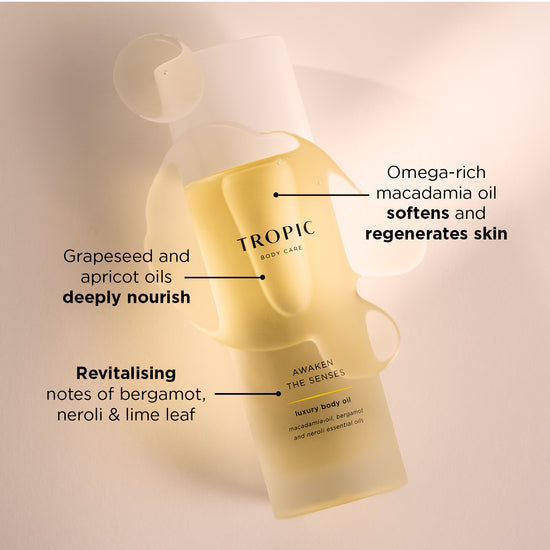 Close-up of model’s skin with Tropic Luxury Body Oil applied, showing a smooth, radiant finish.