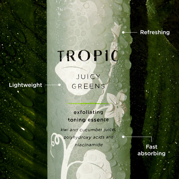 The image displays a skincare product called  Juicy Greens. It is an exfoliating toning essence that features ingredients like kiwi and cucumber juices, polyhydroxy acids, and niacinamide. The product is highlighted as being:
Lightweight
Refreshing
Fast absorbing
It is showcased with water droplets on the bottle, emphasising its fresh and hydrating qualities.