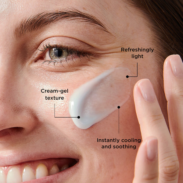 This image shows a close-up of a person applying Fresh Waves, a skincare product with a cream-gel texture, to their cheek. The annotations highlight its key features:
Refreshingly light feel.
Instantly cooling and soothing effect.
The product is designed to provide a hydrating and calming experience, perfect for refreshing the skin.