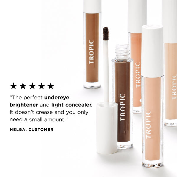 In the image there are five tubes of Illuma concealer in varying shades. One has the applicator out visible. There are five stars and the review quote reads: