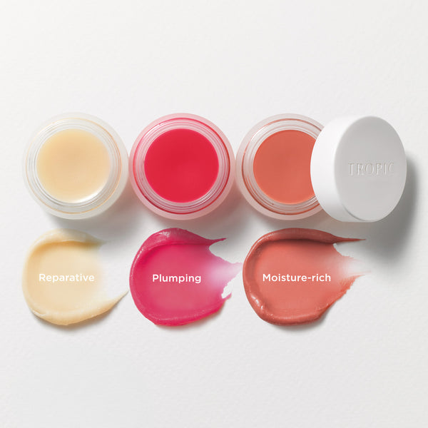 Image shows each shade of lip fudge from left to right clear, pink guava and rosewood. 
This product is reparative, plumping and moisture-rich.
