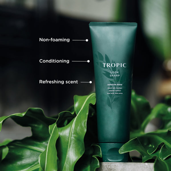 Look Sharp sensitive shave contains black oat, tazman pepper extract and aloe vera juice. It is presented in a dark green squeeze tub with lid. 
It is non-foaming, conditioning and has a refreshing scent