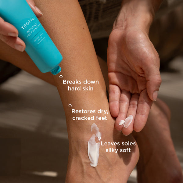 Model uses Repairing foot remedy cream on their feet. It breaks down hard skin, restores dry, cracked feet and leaves soles silky soft.