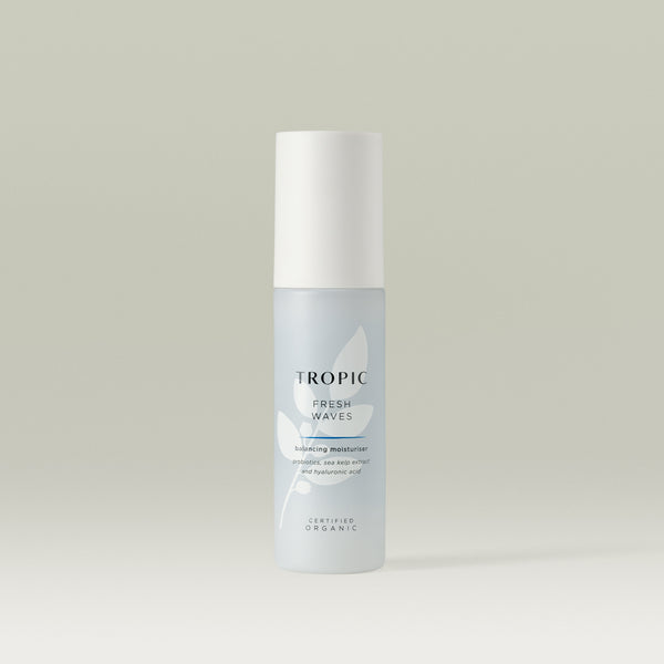 Tropic Fresh Waves balancing moisturiser bottle on a light neutral background.