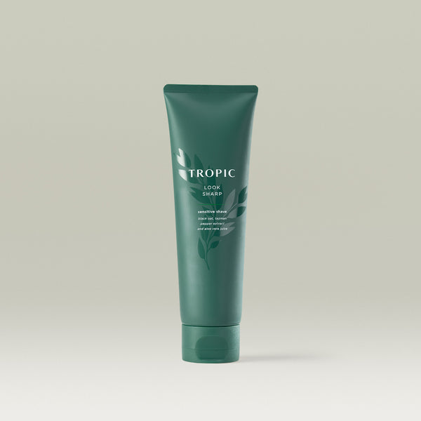 Tropic Look Sharp sensitive shave tube with black oat, Tazman pepper extract, and aloe vera juice, designed for a smooth and gentle shave.