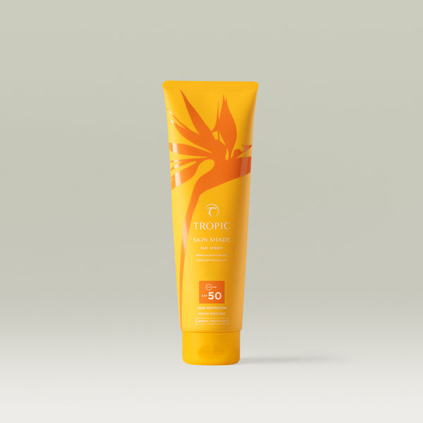 Tropic Skin Shade Sun Cream SPF 50 tube with vitamin-rich botanicals for high protection and water-resistant sun care.