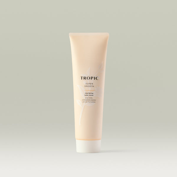 Tropic Super Smooth Resurfacing Body Lotion tube with plant AHAs, pomegranate enzymes and noni fruit extract.