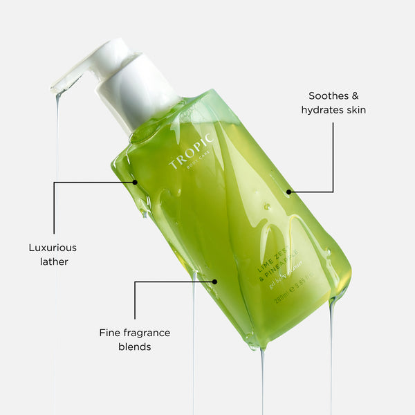 Lime Zest & Pineapple Gel Body Cleanser showcasing fragrance, hydration, and a rich cleansing lather.