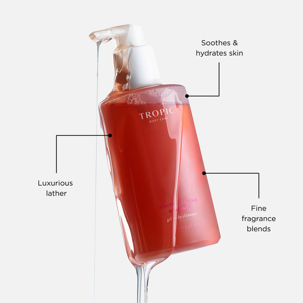 White Jasmine & Monoi Gel Body Cleanser highlighting rich lather, fine fragrance blends, and skin-soothing hydration.
