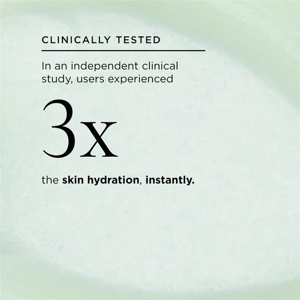 Graphic with text stating 'Clinically Tested – In an independent clinical study, users experienced 3x the skin hydration, instantly' on a light green textured background