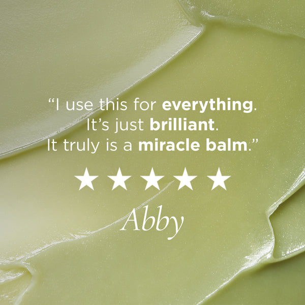 Tamanu balm texture with customer review overlaid 