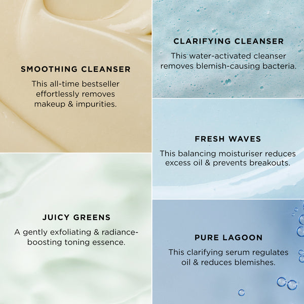 Graphic with colorful swatches highlighting Tropic products: Smoothing Cleanser – removes makeup and impurities, Clarifying Cleanser – water-activated to remove blemish-causing bacteria, Fresh Waves – balancing moisturiser that reduces excess oil and prevents breakouts, Juicy Greens – gently exfoliating and radiance-boosting toning essence, and Pure Lagoon – clarifying serum that regulates oil and reduces blemishes.