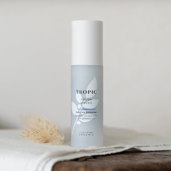 Image shows fresh waves balancing moisturiser. It contains probiotics, sea kelp extract and hyaluronic acid.
Its Certified Organic. Bottle stands against a white wall on a cloth.