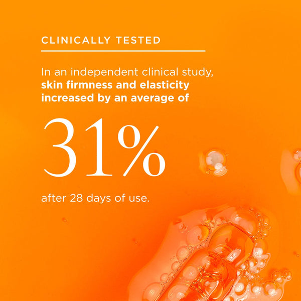 Elixir texture and stat: In an independent clinical study, skin firmness and elasticity increased by an average of 31% after 28 days of use. Features the Soil Association Organic COSMOS logo