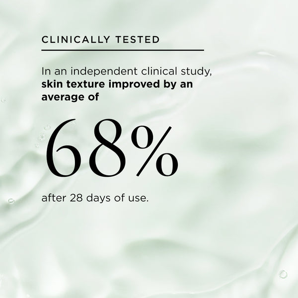 Juicy Greens toner texture and stat: Clinically Tested, In an independent clinical study, skin texture improved by an average of 68% after 28 days of use.
