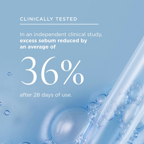 Pure lagoon serum texture and stat: Clinically Tested, In an independent clinical study, excess sebum reduced by an average of 36% after 28 days of use.