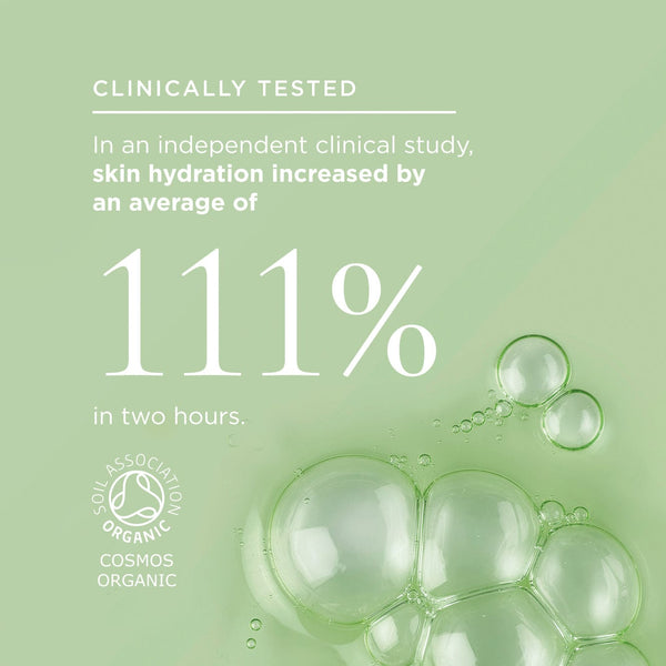 rainforest dew texture and stat: Clinically Tested, In an independent clinical study, skin hydration increased by an average of 111% in two hours. Features the Soil Association Organic COSMOS logo.