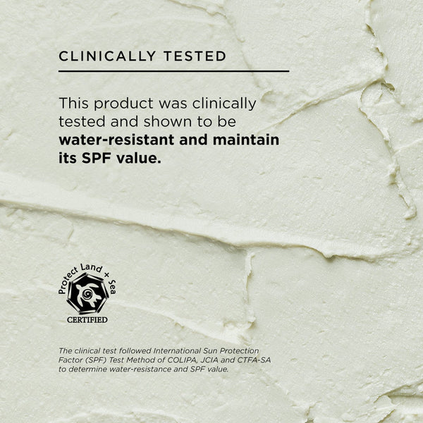 Sun Stick texture and stat: Clinically Tested, This product was clinically tested and shown to be water-resistant and maintain its SPF value. Features the Protect Land + Sea Certified Logo.