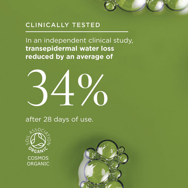 super greens texture and stat: Clinically Tested, In an independent clinical study, transepidermal water loss reduced by an average of 34% after 28 days of use. Features the Soil AssociationOrganic COSMOS logo.