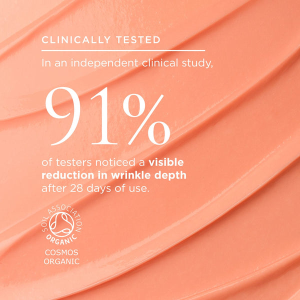 Skin Dream texture and stat: Clinically Tested, 91% of testers noticed a visible reduction in wrinkle depth after 28 days of use. Features the Soil Association Organic COSMOS logo.