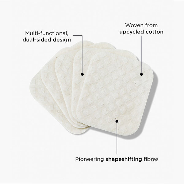 Forest leaves with annotations; multi-functional, dual sided design, woven from upcycled cotton, pioneering shapeshifting fibres