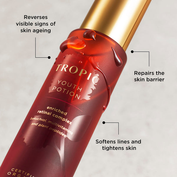 Youth Potion enriched retinal complex: reverses visible signs of skin ageing, repairs the skin barrier and softens lines and tightens skin.