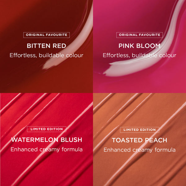 This image shows all four lip stain shades macro textures. Original favourites are Bitten Red & Pink Bloom these are effortless and have buildable  colour. Limited Edition shades Watermelon Blush and Toasted Peach have an enhanced creamy formula. 