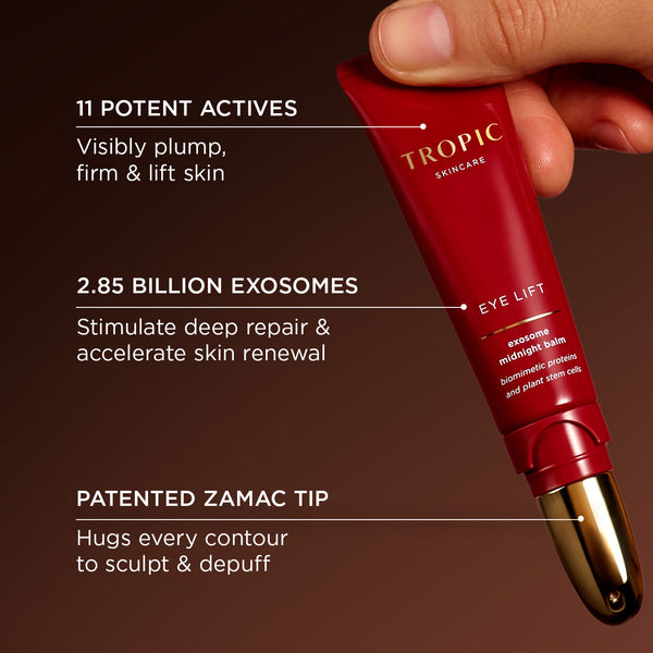 Hand holding a red tube of Tropic Skincare Eye Lift Exosome Midnight Balm with gold applicator tip. Text highlights product benefits: 11 potent actives that visibly plump, firm, and lift skin; 2.85 billion exosomes to stimulate deep repair and accelerate skin renewal; and a patented zamac tip designed to sculpt and depuff.