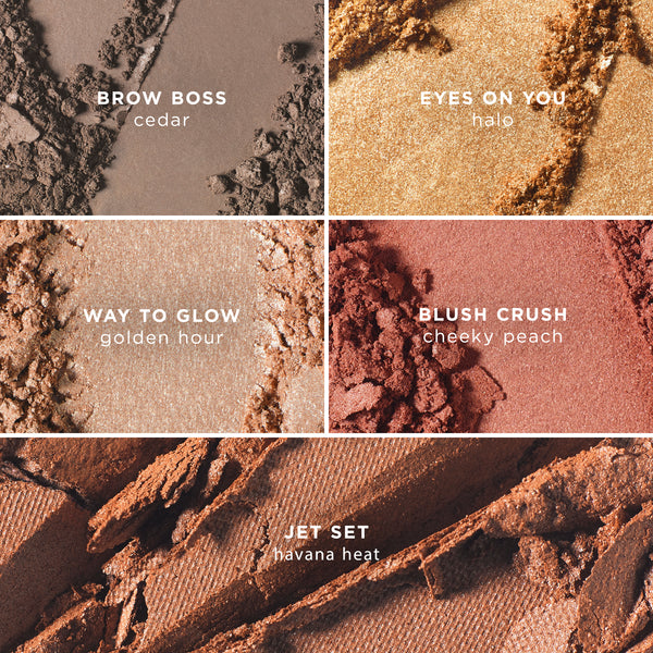 Image shows textures of the products. Brow Boss in shade Cedar, Eyes On You Eyeshadow in shade Halo, Way To Glow Highlighter in shade Golden Hour, Blush Crush in shade Cheeky Peach and Jet Set in shade Havana Heat.