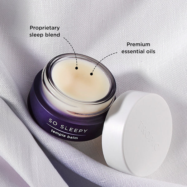 So sleepy temple balm on a white cloth. This product is a proprietary blend and has premium essential oils.