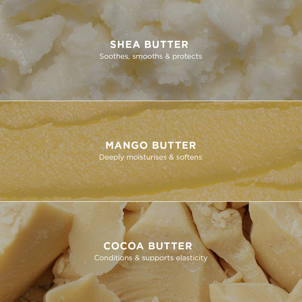 Image showing three types of natural butters used in skincare.
Top section features Shea Butter with a soft, creamy texture and the text: 