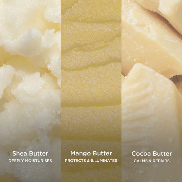 Close-up texture image showing three vertical panels of natural butters: shea butter on the left with a soft, creamy texture labelled “Shea Butter – Deeply Moisturises”, mango butter in the centre with a smooth, golden finish labelled “Mango Butter – Protects & Illuminates”, and cocoa butter on the right with a firm, pale texture labelled “Cocoa Butter – Calms & Repair.