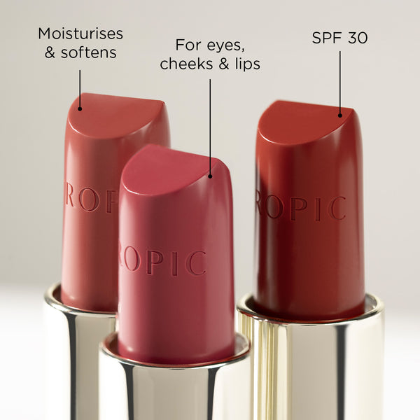 Three open Butter Tints with text indicating their benefits; moisturises & softens, for eyes, cheeks & lips and SPF 30 on a light gray background