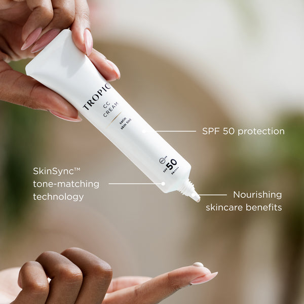 Tropic CC Cream shown being dispensed, highlighting SPF 50 protection, tone-matching technology, and nourishing skincare benefits.