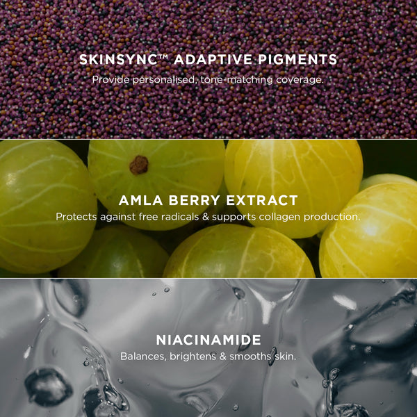 CC Cream contains Skinsync adaptive pigments: provide personalised, tone-matching coverage. Image shows the range of pigments. Alma Berry Extract: Protects against free radicals & supports collagen production. Image shows green berries. Niacinamide: Balances, brightens & smooths skin. Image shows a hydrating liquid texture.