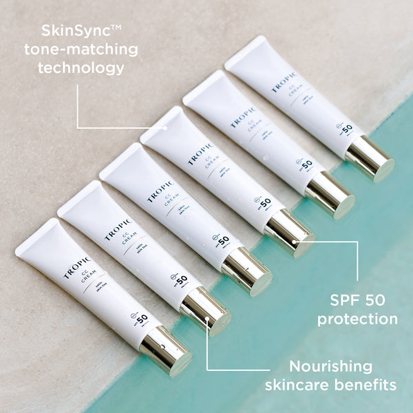 Set of 6 Tropic Skincare cream tubes with text highlighting features on a beige and green background. The product has SkinSynctm tone-matching technology, SPF 50 protection and Nourishing skincare benefits.