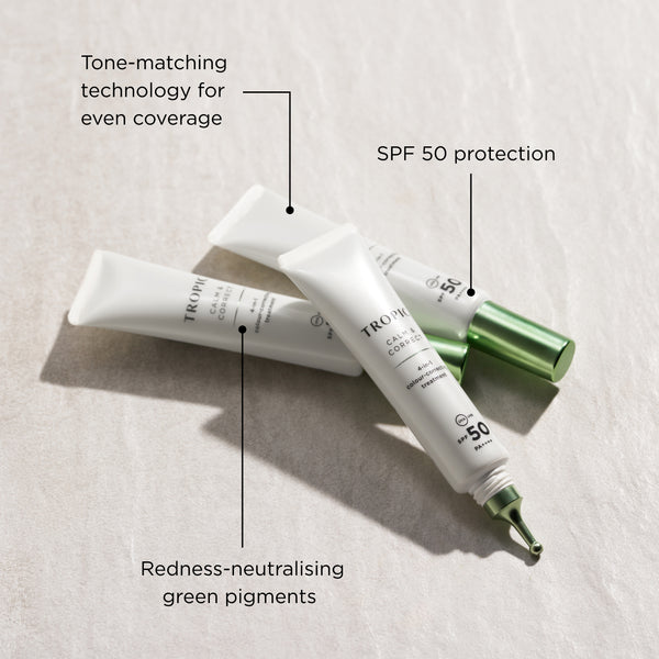 Tropic Calm & Correct SPF 50 tubes highlighting tone-matching coverage SPF 50 protection and redness-neutralising green pigments.