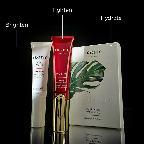 Three Tropic Skincare eye products arranged on a reflective surface against a black background. From left to right: Eye Work Rejuvenating Serum labelled ‘Brighten’, Eye Lift Exosome Midnight Balm labelled ‘Tighten’, and Hydrogel Eye Masks box labelled ‘Hydrate’. The image highlights their respective benefits: brighten, tighten, and hydrate.