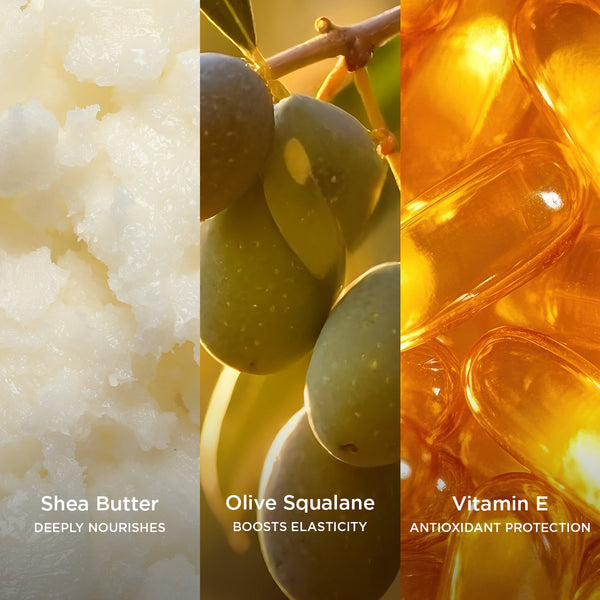 Side-by-side close-up images of natural skincare ingredients: creamy shea butter labelled 'Shea Butter – Deeply Nourishes,' green olives on a branch labelled 'Olive Squalane – Boosts Elasticity,' and golden vitamin E capsules labelled 'Vitamin E – Antioxidant Protection.