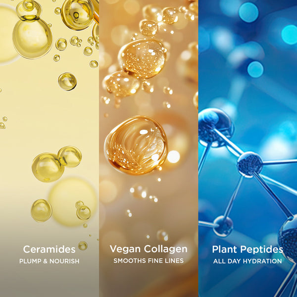 Side-by-side close-up images of skincare actives: golden ceramide oil droplets labelled 'Ceramides – Plump & Nourish,' glowing vegan collagen spheres labelled 'Vegan Collagen – Smooths Fine Lines,' and a blue molecular structure labelled 'Plant Peptides – All Day Hydration.