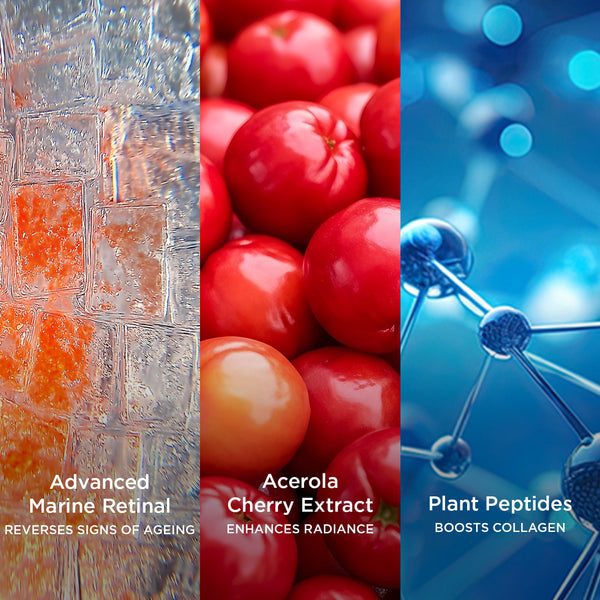 Close-up of three skincare ingredients: Advanced Marine Retinal to reverse signs of aging, Acerola Cherry Extract to enhance radiance, and Plant Peptides to boost collagen.