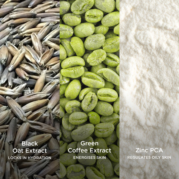 Close-up of three skincare ingredients: Black Oat Extract grains to lock in hydration, Green Coffee Extract beans to energize skin, and Zinc PCA powder to regulate oily skin.