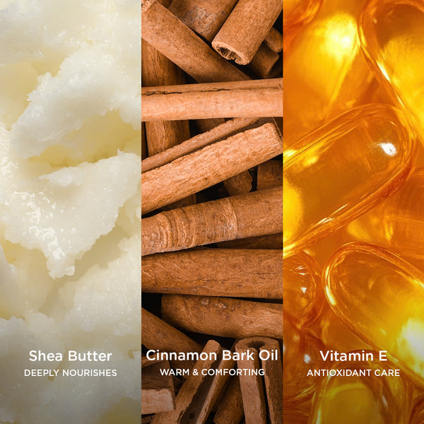 A split image showing three key skincare ingredients: creamy shea butter labelled 'Deeply Nourishes', cinnamon bark oil with cinnamon sticks labelled 'Warm & Comforting', and golden vitamin E capsules labelled 'Antioxidant Care'.