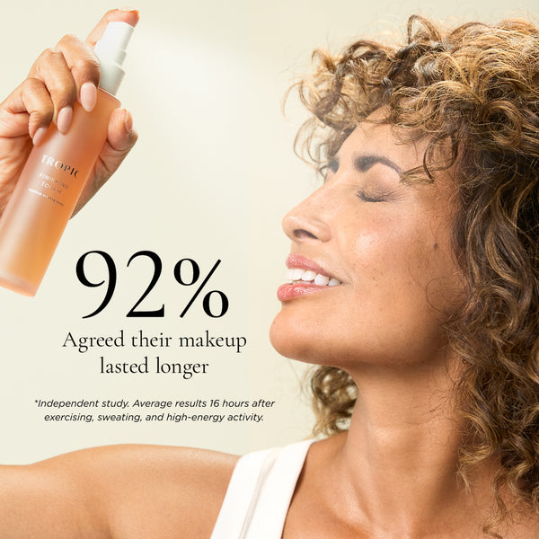 A woman applying Tropic Finishing Touch spray with text stating 92% said makeup lasted longer.