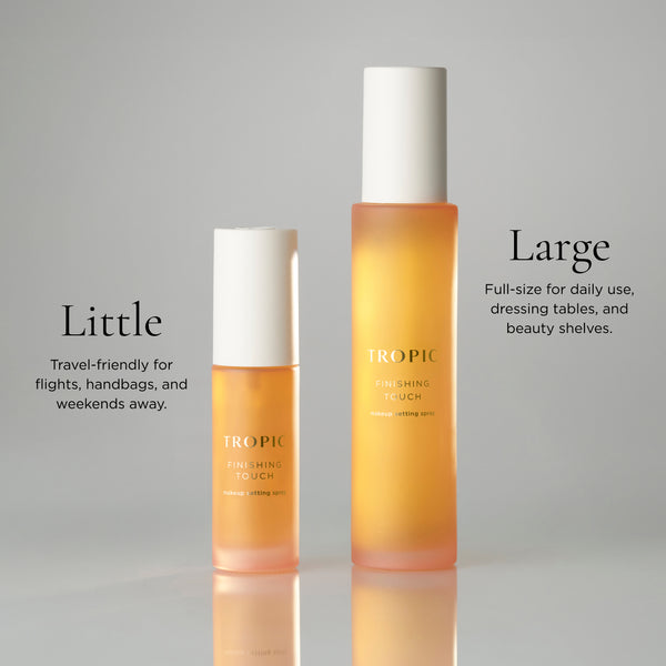 Two Tropic Finishing Touch sprays in mini and full sizes, highlighting travel-friendly and everyday use.
