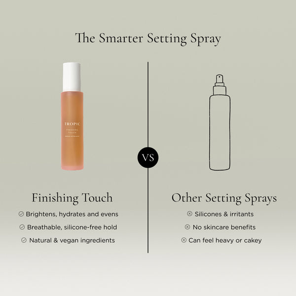 Smarter setting spray comparison: Tropic Finishing Touch vs other sprays, highlighting skincare benefits and clean ingredients.