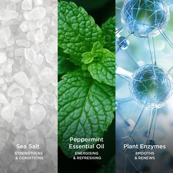 Three ingredient visuals showing sea salt for strengthening and conditioning, peppermint essential oil for energising and refreshing, and plant enzymes for smoothing and renewing.