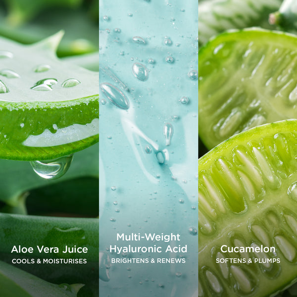 Close-up texture image split into three vertical panels: fresh aloe vera leaf with visible droplets labelled “Aloe Vera Juice – Cools & Moisturises”, a smooth blue gel texture with bubbles labelled “Multi-Weight Hyaluronic Acid – Brightens & Renews”, and sliced cucamelon labelled “Cucamelon – Softens & Plumps”.