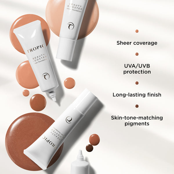 Image shows 4 beauty booster products and dotted swatches of different shades behind. Beauty Booster has sheer coverage, UVA/UVB protection, long-lasting finish and skin-tone matching pigments.